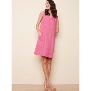 Charlie B Pink 100% Linen V Neckline Lagenlook Italian Made Dress Open Pockets L